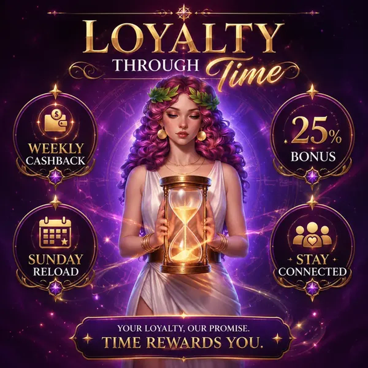 Diosa guardiana del tiempo sosteniendo reloj de arena brillante en el portal de la aplicación móvil Lira Spin