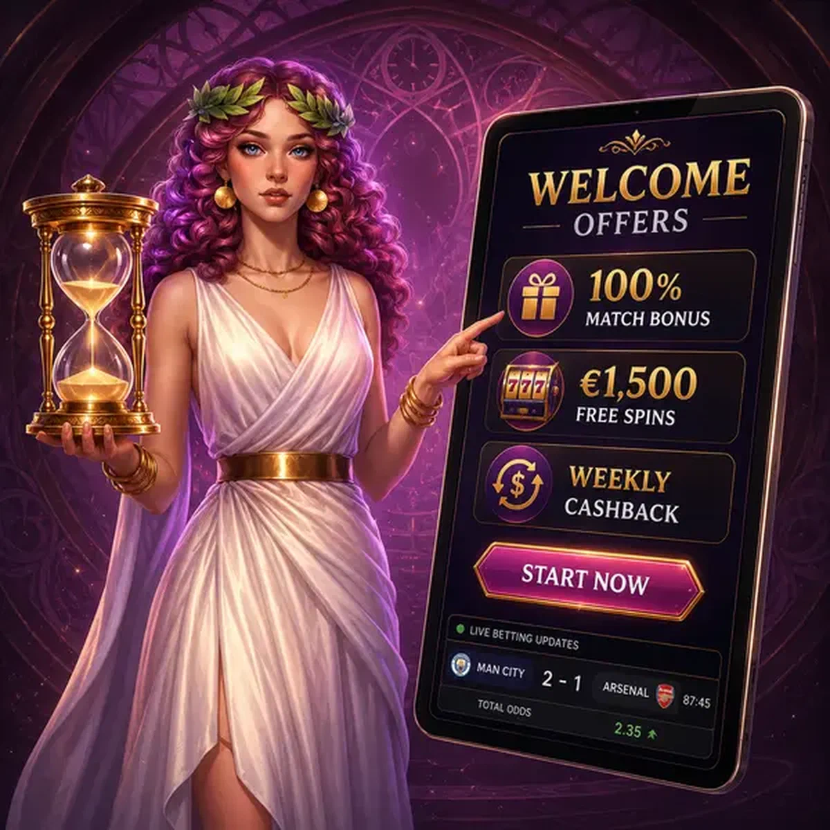 Diosa guardiana del tiempo en las apuestas deportivas de Lira Spin, analizando cuotas en directo con su reloj de arena místico