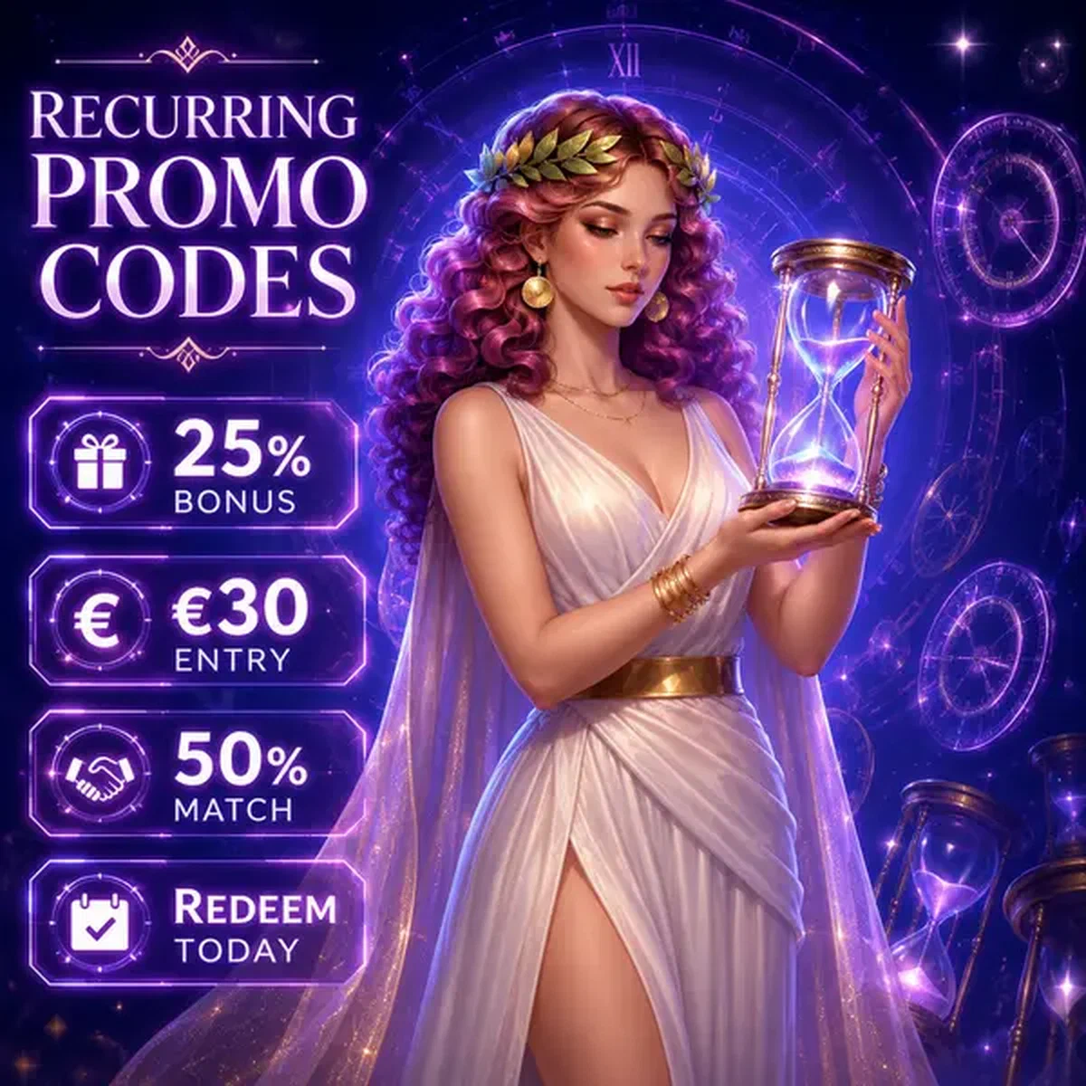 Diosa guardiana del tiempo sosteniendo reloj de arena luminoso en el calendario de códigos promocionales de Lira Spin