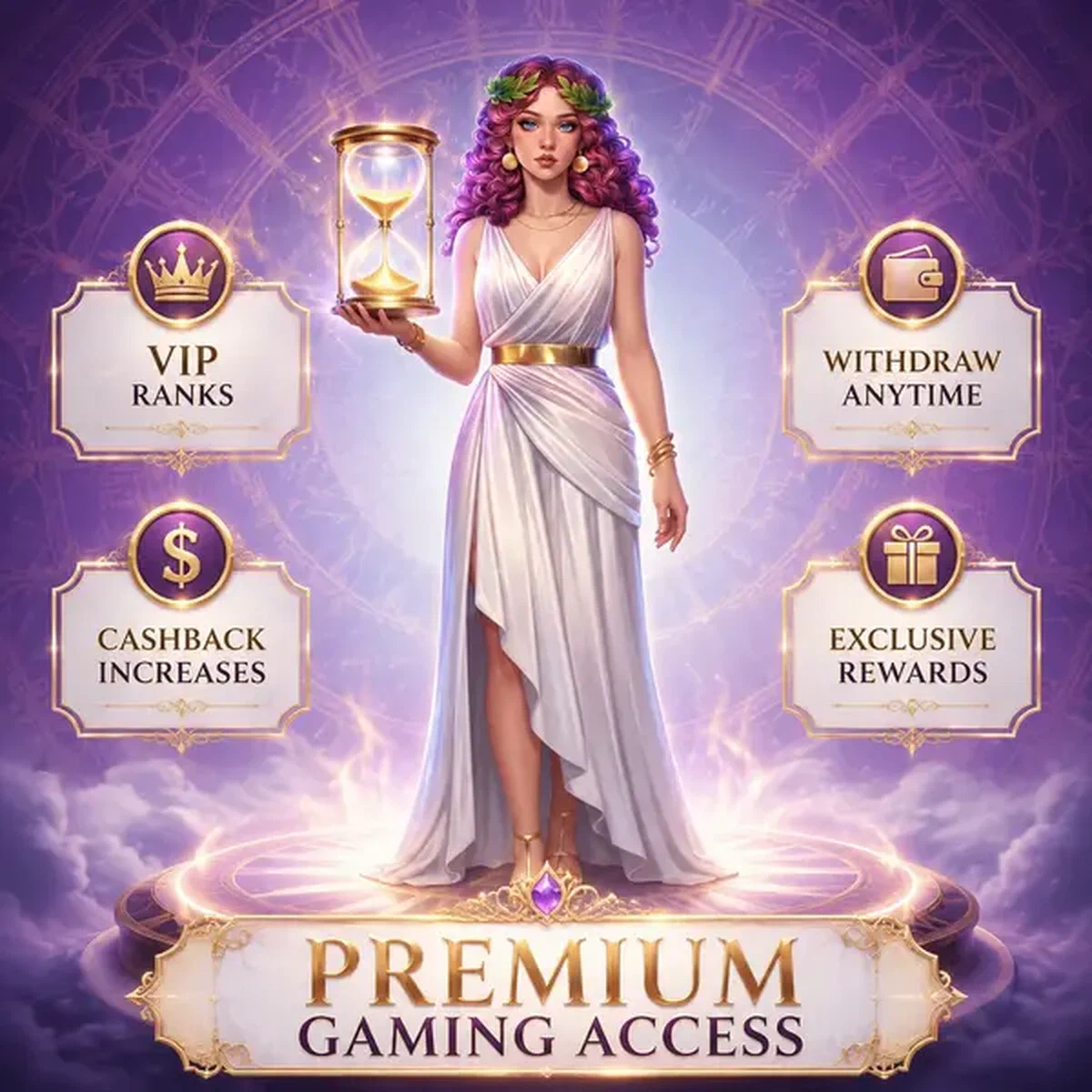 Diosa guardiana del tiempo sosteniendo reloj de arena mientras el jugador completa la verificación KYC en Beneficios Post-Verificación