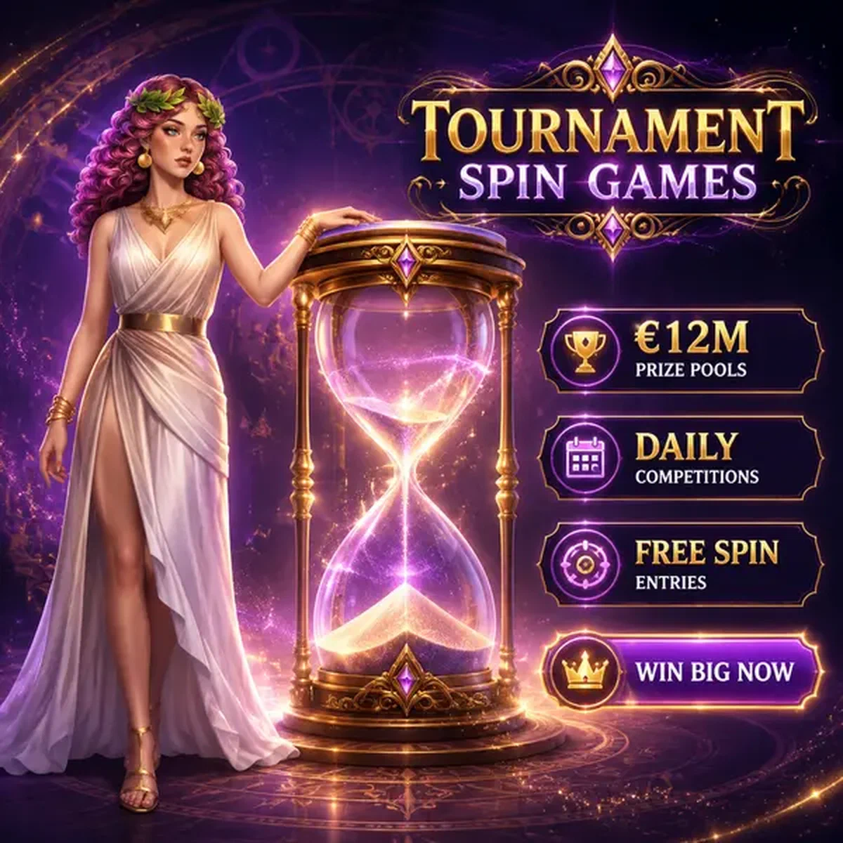 Diosa guardiana del tiempo etérea tocando reloj de arena brillante en juegos de tragaperras gratis elegibles para torneos de Lira Spin