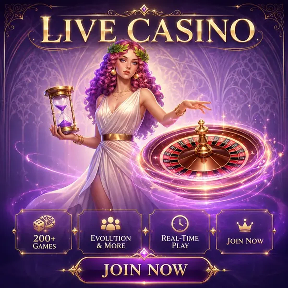 Dealer en vivo presenta ruleta brillante en Lira Spin Casino con elegante diosa guardiana del tiempo