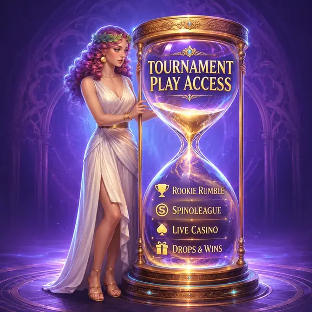 Diosa guardiana del tiempo sosteniendo reloj de arena brillante en el portal de la aplicación de Juego de Torneos Móviles y Acceso a Tablas de Clasificación