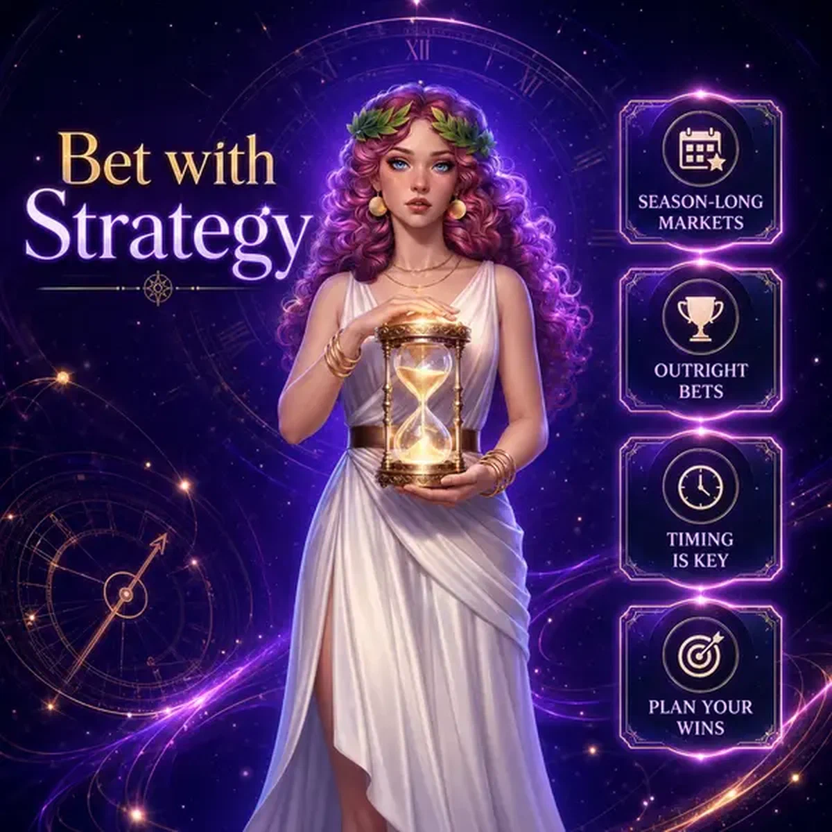 Diosa guardiana del tiempo sosteniendo un reloj de arena luminoso en el centro de apuestas deportivas de mercados de temporada completa y estrategia de apuestas directas