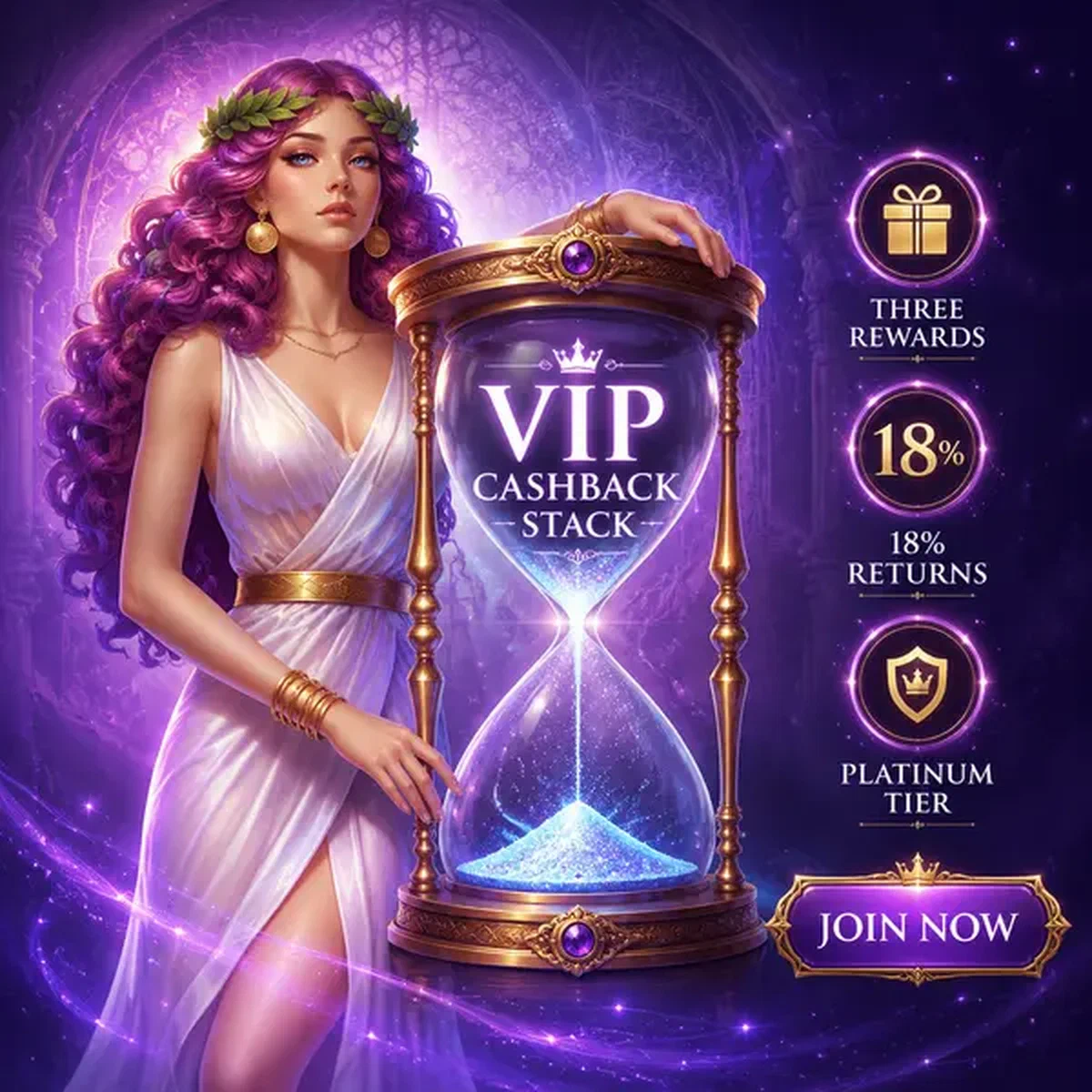 Elegante guardián del tiempo sosteniendo reloj de arena de bono en sala de recompensas Casino VIP Cashback Stack