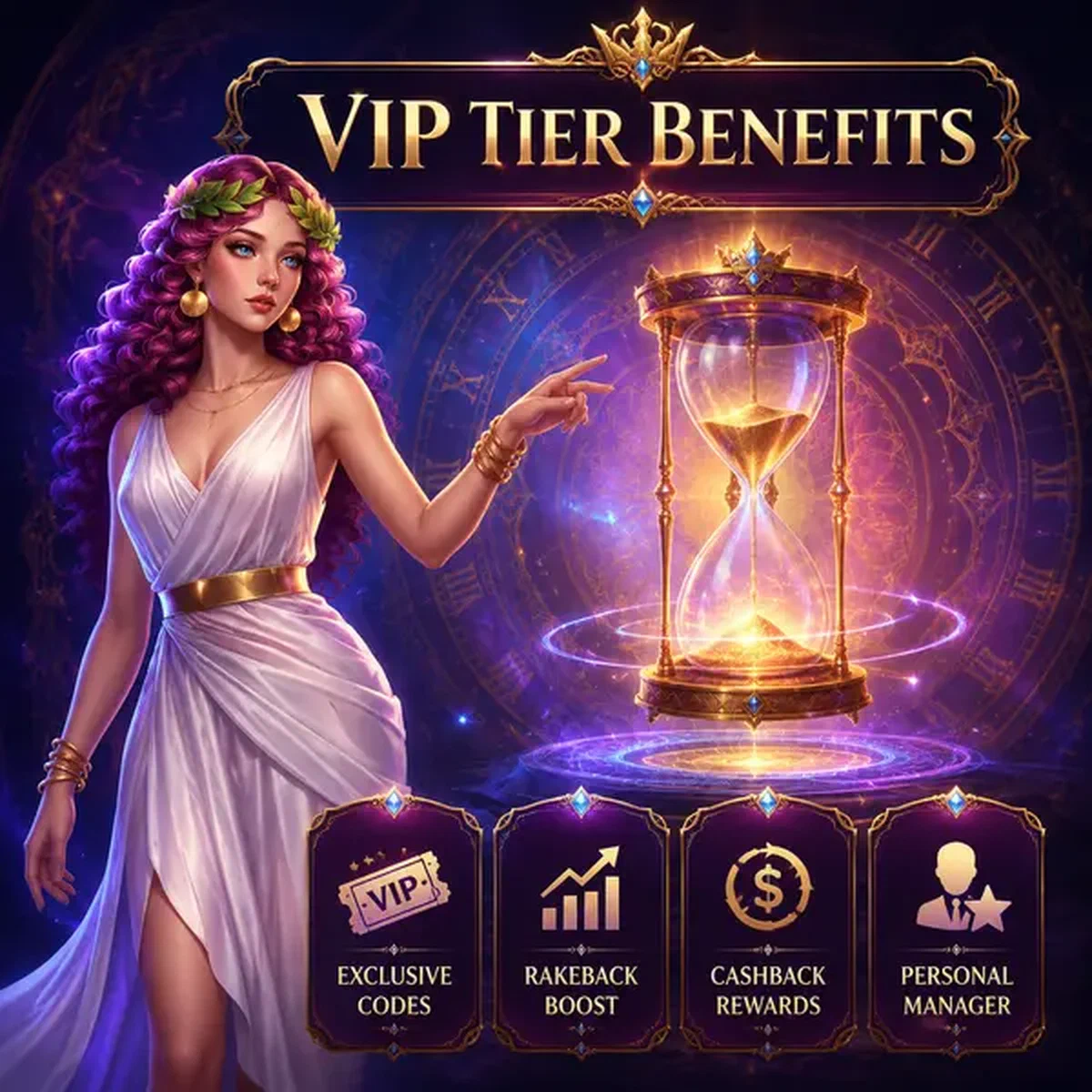 Diosa guardiana del tiempo presentando beneficios de código promocional en Códigos Exclusivos VIP y Beneficios por Nivel