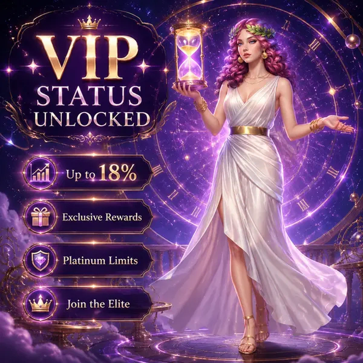 Diosa guardiana del tiempo verificando identidad en el portal Límites VIP Más Allá del Estándar con reloj de arena cósmico