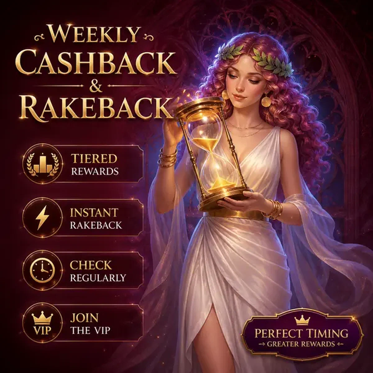 Diosa guardiana del tiempo sosteniendo reloj de arena luminoso en el portal de reclamaciones de cashback semanal y rakeback instantáneo