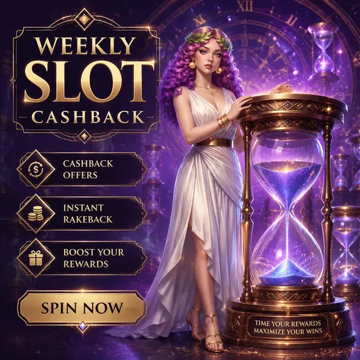 Diosa guardiana del tiempo orquestando recompensas de cashback semanal de tragaperras en estación de reloj de arena brillante