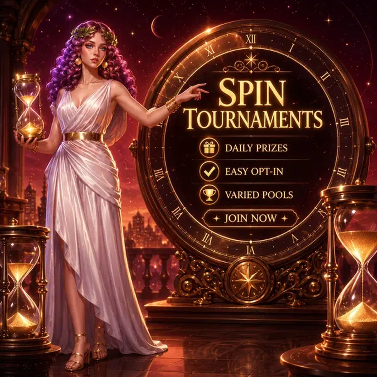 Dea guardiana del tempo che gestisce i programmi delle competizioni dei Tornei Lira Spin con precisione celeste
