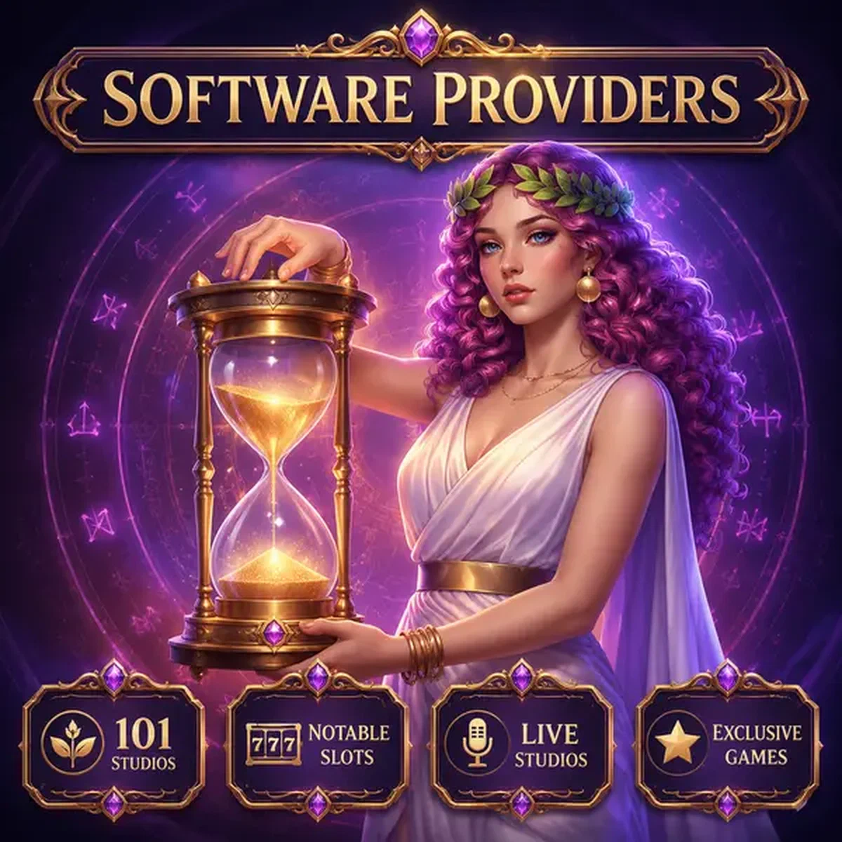 Diosa guardiana del tiempo girando reloj de arena brillante en la vitrina de proveedores de software de Lira Spin