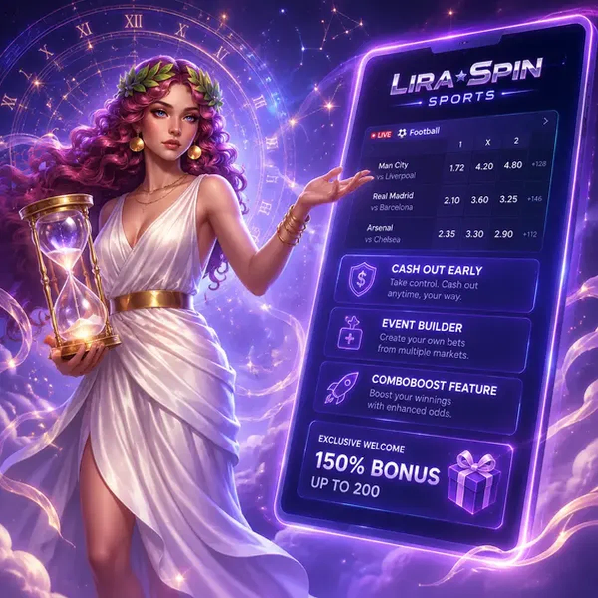 Diosa guardiana del tiempo gesticulando hacia las cuotas de apuestas deportivas de Lira Spin Sports en tableta brillante